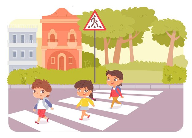 Niños en edad escolar peatones cruzando la calle de la ciudad en la caminata de seguridad de cebra en el cruce Lindos personajes de niñas y niños caminando seguros a través del fondo del paisaje urbano de la carretera