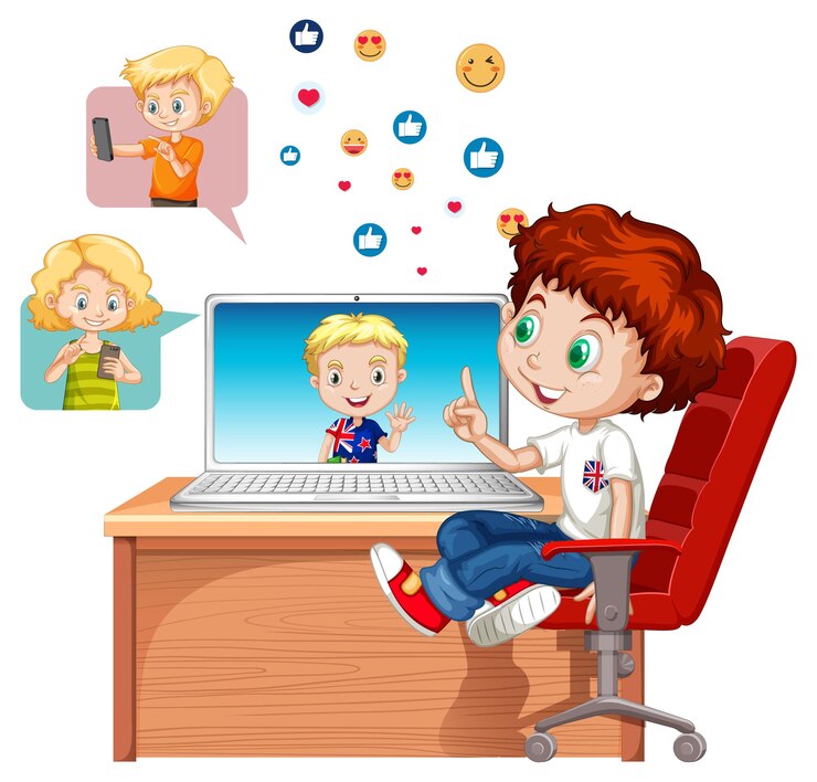 Vector gratuito niños con elementos de redes sociales sobre fondo blanco.