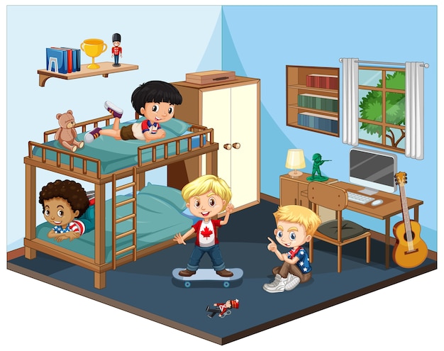 Vector gratuito niños en la escena del dormitorio sobre fondo blanco.