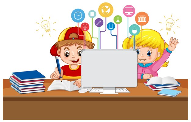 Los niños de la escuela estudian frente a la computadora.