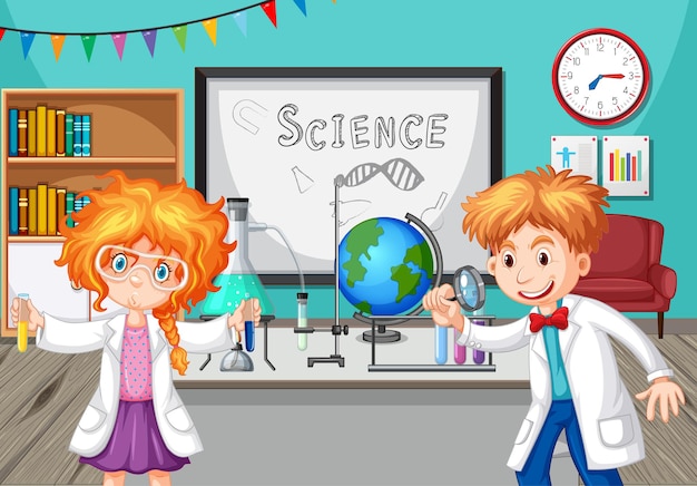 Vector gratuito niños de la escuela haciendo experimentos de química en el aula.