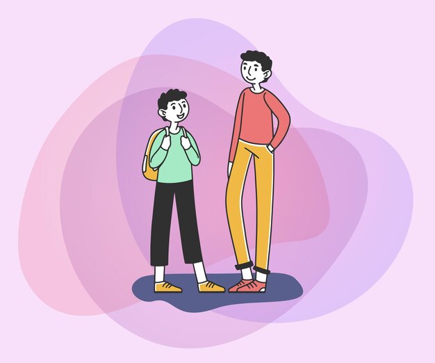 Niños de escuelas de diferentes edades hablando de una ilustración vectorial plana
