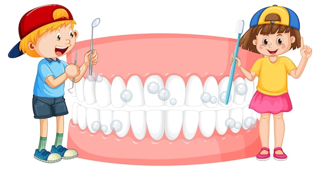 Niños con espejo dental y cepillo de dientes con dientes blanqueados