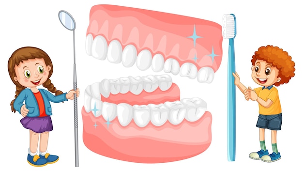 Niños con espejo dental y cepillo de dientes con dientes blanqueados