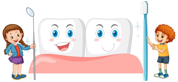 Niños con espejo dental y cepillo de dientes sobre fondo blanco