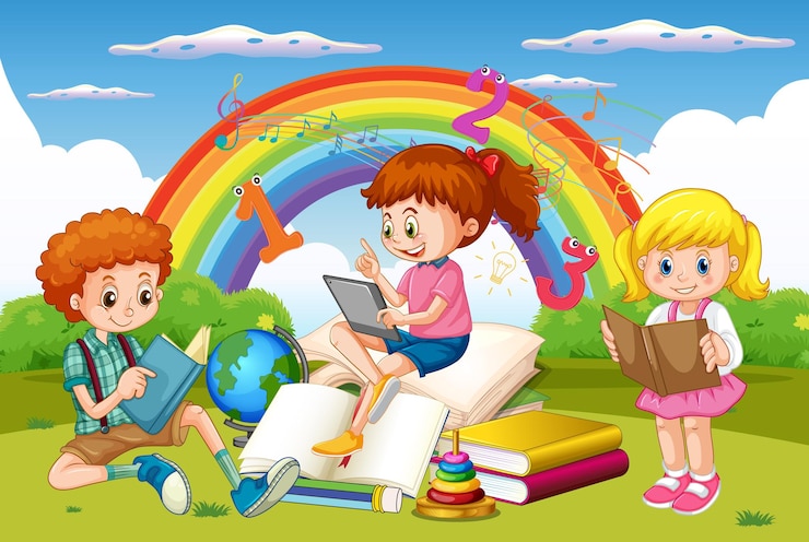 Vector gratuito los niños están leyendo libros en una pila de libros en la escena del jardín.