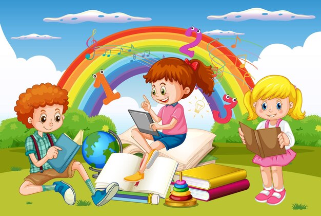 Los niños están leyendo libros en una pila de libros en la escena del jardín.