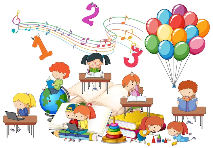 Vector gratuito los niños están leyendo libros en una pila de libros.