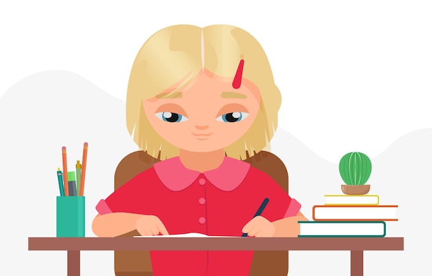 Los niños estudian educación en casa o en el aula niña estudiante sentada en la mesa