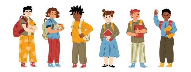 Niños estudiantes o alumnos con mochilas y libros.