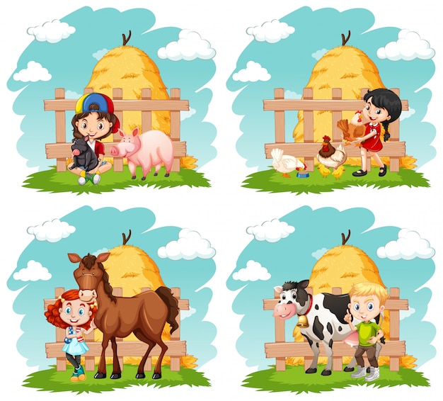 Vector gratuito niños felices y animales de granja en la granja