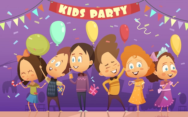 Niños felices bailando y jugando en la ilustración de vector de dibujos animados patry de cumpleaños