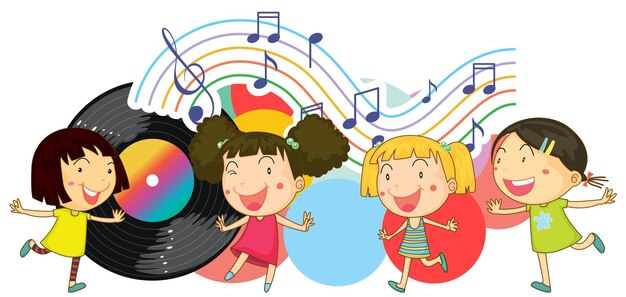 Niños felices bailando con notas musicales sobre fondo blanco.