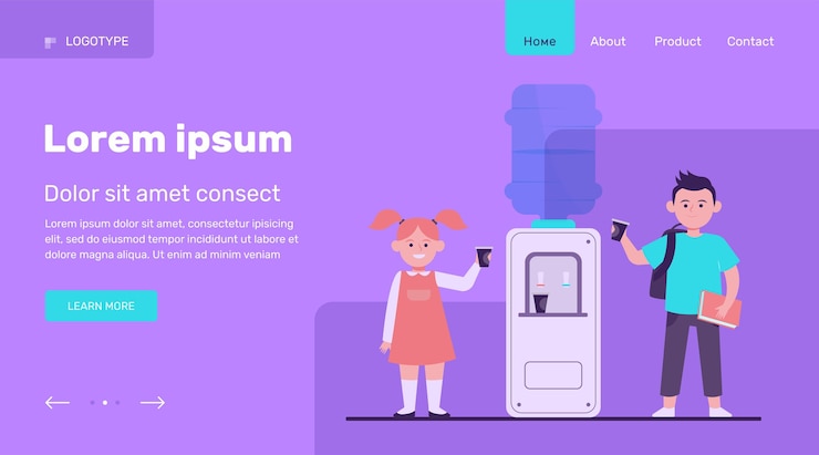 Vector gratuito niños felices bebiendo agua en la nevera. estudiantes, niño y niña, ilustración de vector plano de pasillo de escuela. bebidas, refrescos, diseño de sitio web de concepto de enfriador de agua o página web de destino