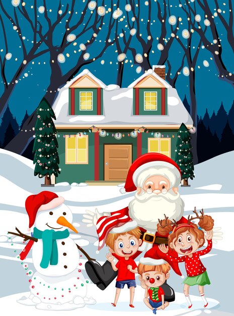 Niños felices celebrando la Navidad frente a una casa por la noche