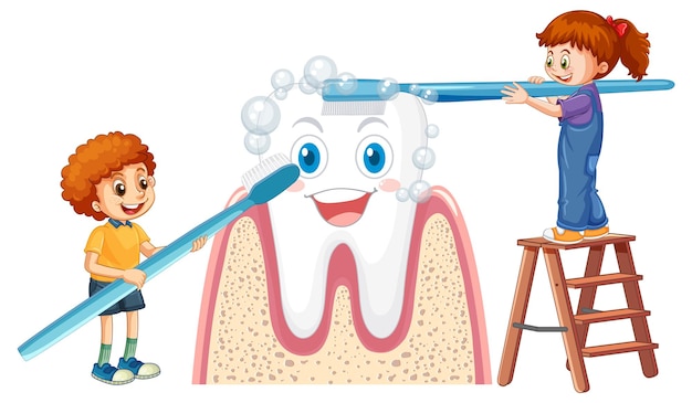 Niños felices cepillando un diente grande con un cepillo de dientes en el respaldo blanco
