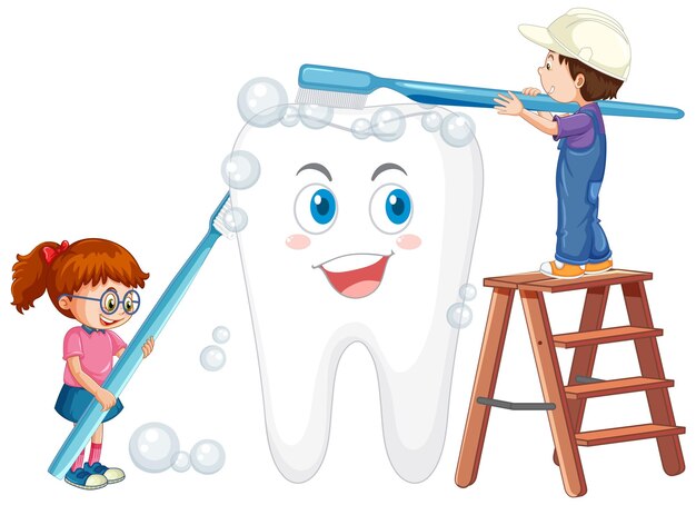 Niños felices cepillando un diente grande con un cepillo de dientes en el respaldo blanco
