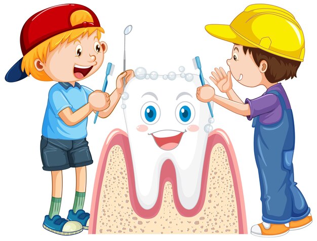 Niños felices cepillando un diente grande con un cepillo de dientes en el respaldo blanco