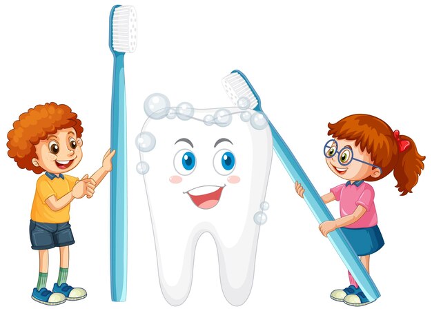 Niños felices cepillando un diente grande con un cepillo de dientes en el respaldo blanco