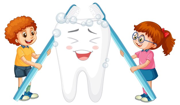 Niños felices cepillando un diente grande con un cepillo de dientes en el respaldo blanco