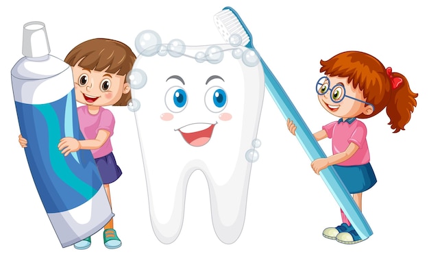 Niños felices cepillando un diente grande y sosteniendo pasta de dientes en blanco