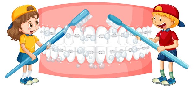Niños felices cepillando dientes blanqueados con un cepillo de dientes en la espalda blanca