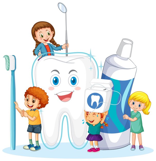 Niños felices con cepillo de dientes y hilo dental en blanco