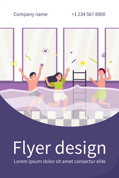 Vector gratuito niños felices divirtiéndose en la piscina. niños y niñas en traje de baño disfrutando de actividades en el gimnasio familiar. plantilla de volante