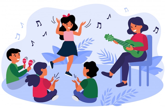 Vector gratuito niños felices divirtiéndose durante su clase de música