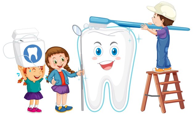 Niños felices con equipo de limpieza dental con dentista en whi