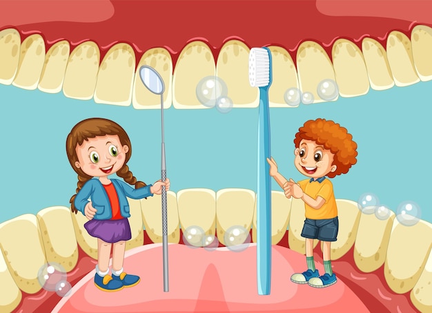 Vector gratuito niños felices con espejo dental y cepillo de dientes dentro de mou humano