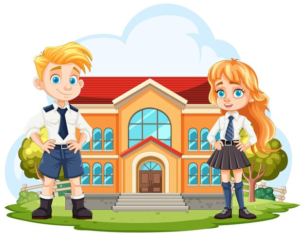 Niños felices fuera del edificio de la escuela