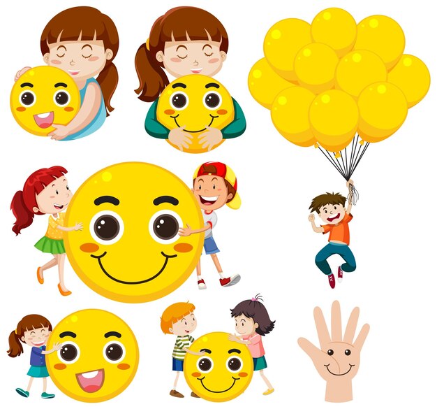 Niños felices con globos amarillos