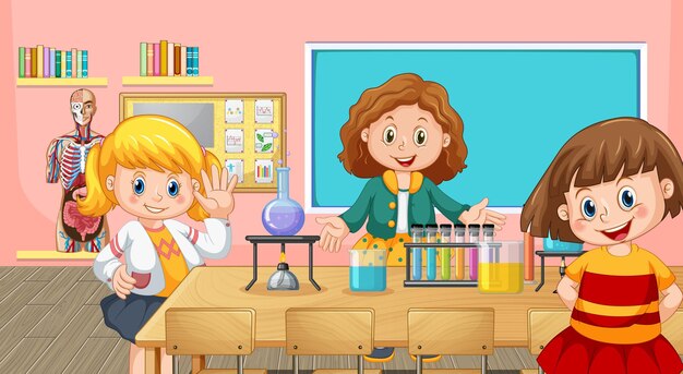 Niños felices haciendo experimentos de química en el aula
