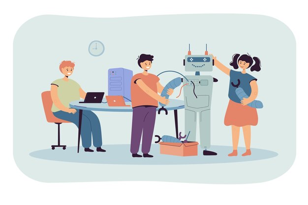 Niños felices haciendo robot para ilustración plana del proyecto escolar. Ilustración de dibujos animados