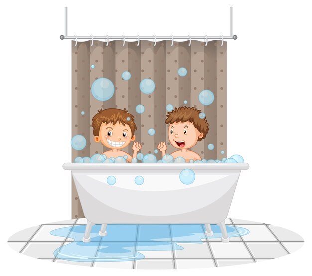 Niños felices jugando en la bañera