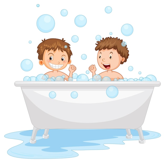 Niños felices jugando en la bañera