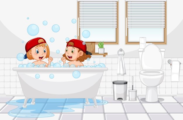 Niños felices jugando burbujas en la bañera