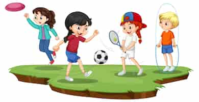 Vector gratuito niños felices jugando diferentes deportes