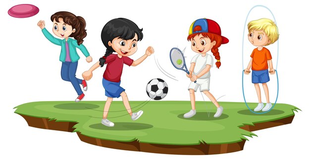 Niños felices jugando diferentes deportes