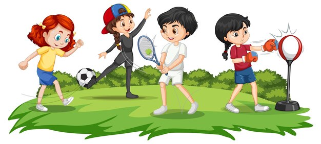 Niños felices jugando diferentes deportes