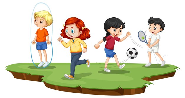 Niños felices jugando diferentes deportes