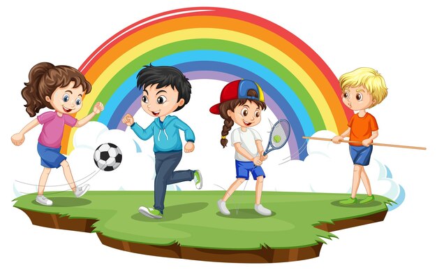 Niños felices jugando diferentes deportes