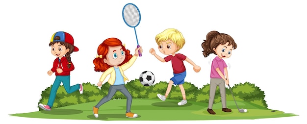 Niños felices jugando diferentes deportes