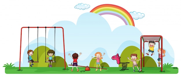 Vector gratuito niños felices jugando en el patio