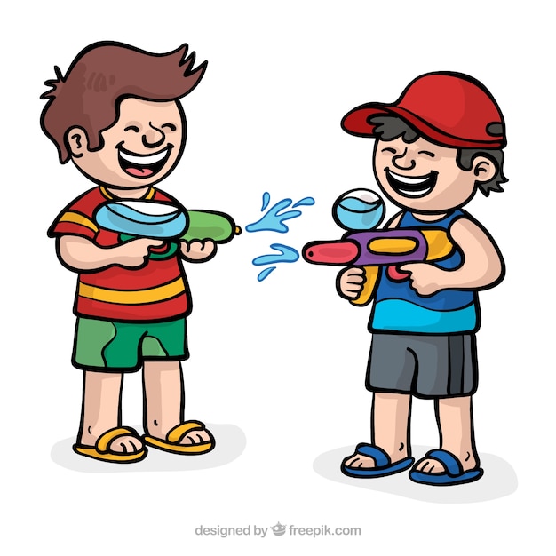 Vector gratuito niños felices jugando con pistolas de agua