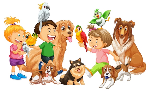 Vector gratuito niños felices jugando con sus animales