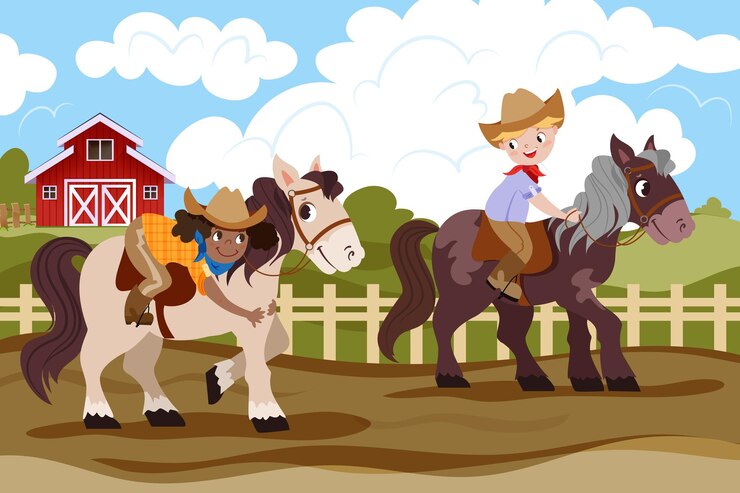 Vector gratuito los niños felices montan a caballo pony en una granja rural