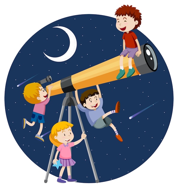 Niños felices y noche de telescopio