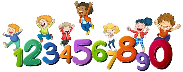 Niños felices y números del uno al cero.